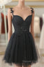 Black V Neck Beaded Tulle And Lace Prom Dress, Cute Black Homecoming Dresses
