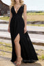 Black V Neck Chiffon Floor Length Prom Dress Long Prom Dresses With Pleated Split