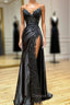 Black V Neck Lace Long Prom Dresses, Black Spaghetti Strap Prom Gowns with Leg Slits