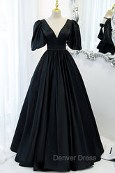 Black V-Neck Satin Long Prom Dresses, A-Line Short Sleeve Evening Dresses