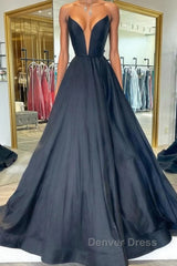 Black v neck satin long prom Dresses, black evening Dresses