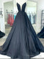 Black V Neck Satin Prom Dresses, Black V Neck Long Formal Graduation Dresses