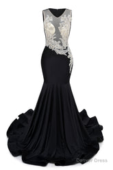 Black V-Neck Sheer Corset Prom Dresses Beaded Mermaid Long Train Evening Gowns