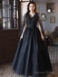 Black V Neck Tulle Lace Long Prom Dresses, Black Lace Formal Evening Dresses