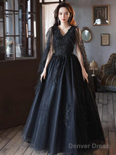 Black V Neck Tulle Lace Long Prom Dresses, Black Lace Formal Evening Dresses
