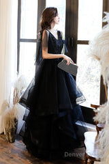 Black V-Neck Tulle Layers Long Formal Dress, A-Line Black Party Dress