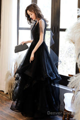 Black V-Neck Tulle Layers Long Formal Dress, A-Line Black Party Dress
