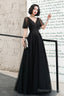 Black V-Neck Tulle Long Prom Dress, Black A-Line Formal Evening Dress