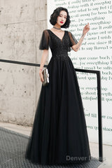 Black V-Neck Tulle Long Prom Dress, Black A-Line Formal Evening Dress