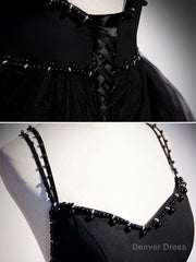 Black V Neck Tulle Long Prom Dress, Black Formal Graduation Dress with Beading