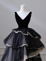 Black V Neck Tulle Long Prom Dresses, Black Long Evening Dresses