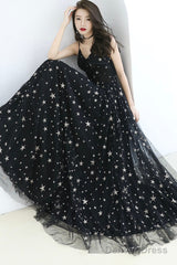 Black V-Neck Tulle Long Prom Dress, Cute A-Line Evening Dress With Stars