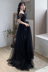 Black V-Neck Tulle Long Prom Dress, Off The Shoulder Evening Dress