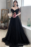 Black V-Neck Tulle Long Prom Dress, Off The Shoulder Evening Dress