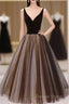Black V Neck Tulle Short Prom Dress, A Line Black Tea Length Prom Dresses