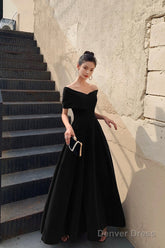 Black V-Neck Velvet Floor Length Prom Dress, Black Evening Party Dress