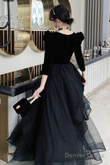 Black V-Neck Velvet Tulle Long Prom Dress, Long Sleeve Party Dress