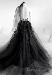 Black V-Neckline Backless Tulle With Lace Party Dresses, Black Long Prom Dresses