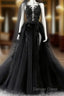 Black V-Neckline Backless Tulle With Lace Party Dresses, Black Long Prom Dresses