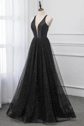 Black V-neckline Tulle and Satin Long Straps Cross Back Prom Dress, Floor Length Evening Dress