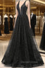 Black V Neckline Tulle and Satin Long Straps Cross Back Prom Dress, Floor Length Prom Dresses