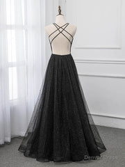 Black V-neckline Tulle and Satin Long Straps Cross Back Prom Dress, Floor Length Evening Dress