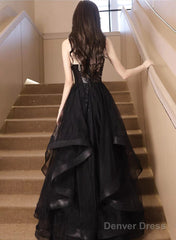 Black V-Neckline Tulle And Sequins Long Party Dress, Black Evening Dress Party Dress