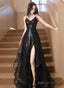 Black V Neckline Tulle And Sequins Long Prom Dress, Black Prom Dress