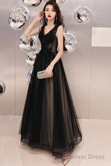 Black V-Neckline Tulle Lace Applique Long Party Dress Prom Dresses, Black Evening Dresses