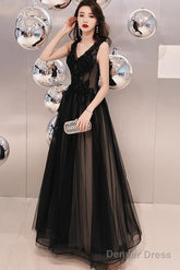 Black V-Neckline Tulle Lace Applique Long Party Dress Prom Dresses, Black Evening Dresses
