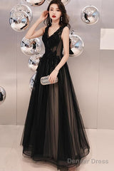 Black V-Neckline Tulle Lace Applique Long Party Dress Prom Dresses, Black Evening Dresses