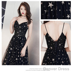 Black V-Neckline Tulle Straps Low Back Long Evening Dress Prom Dress, Black Formal Dresses