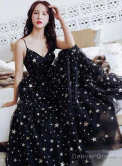 Black V-Neckline Tulle Straps Low Back Long Evening Dress Prom Dress, Black Formal Dresses