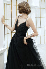 Black V-Neckline Tulle With Lace Applique Long Prom Dress, Black Evening Dress
