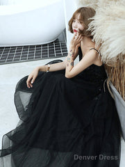 Black V-Neckline Tulle With Lace Applique Long Prom Dress, Black Evening Dress
