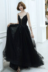 Black V-Neckline Tulle With Lace Applique Long Prom Dress, Black Evening Dress