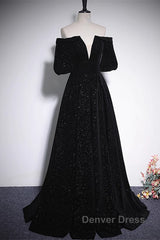 Black V-Neckline Velvet Off Shoulder Party Dresses, A-Line Black Prom Dresses Evening Dresses