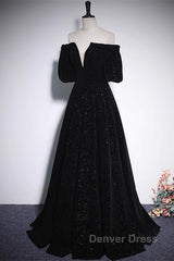 Black V-Neckline Velvet Off Shoulder Party Dresses, A-Line Black Prom Dresses Evening Dresses