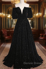 Black V-Neckline Velvet Off Shoulder Party Dresses, A-Line Black Prom Dresses Evening Dresses