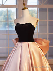 Black Velvet And Pink Satin Floor Length Prom Dress, Beautiful A-Line Strapless Party Dress