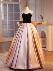 Black Velvet And Pink Satin Floor Length Prom Dress, Beautiful A-Line Strapless Party Dress
