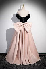 Black Velvet And Pink Satin Long Prom Dresses, Beautiful A-Line Evening Party Dresses With Bow