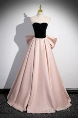 Black Velvet And Pink Satin Long Prom Dresses, Beautiful A-Line Evening Party Dresses With Bow