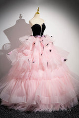 Black Velvet And Pink Tulle Strapless Ball Gown, Pink Backless Ruffles Formal Evening Dresses