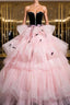 Black Velvet And Pink Tulle Strapless Ball Gown, Pink Backless Ruffles Formal Evening Dresses