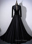 Black Velvet and Satin Long Sleeves See Through Back Formal Dresses, Black Evening Dresses