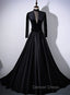 Black Velvet and Satin Long Sleeves See Through Back Prom Dress, Black Prom Dresses