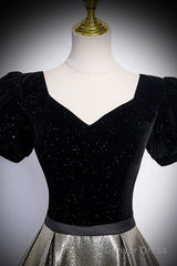 Black Velvet And Shiny Satin Long Prom Dress, Beautiful A-Line Evening Party Dress