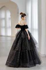 Black Velvet And Tulle Layers Long Formal Dress, Black Sweetheart Neck Evening Party Dress
