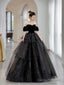 Black Velvet And Tulle Layers Long Prom Dress, Black Sweetheart Neck Prom Dresses